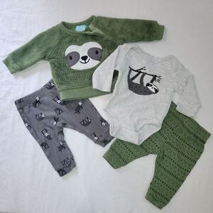 Pekkle Size 3 Months Green Sloth Baby 4 Piece Outfit Set